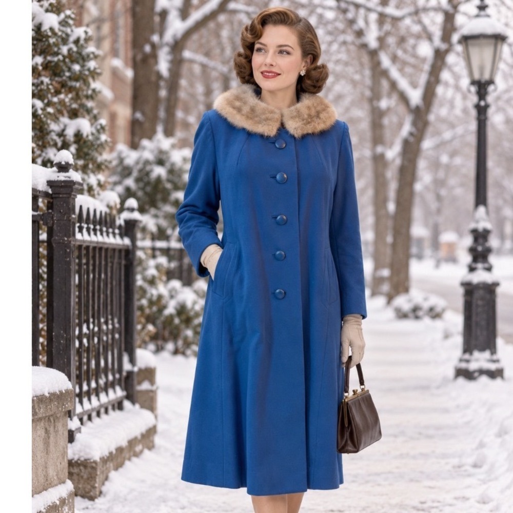 sycamore VTG 50's Blue Wool Overcoat Detachable Fur Collar rockabilly